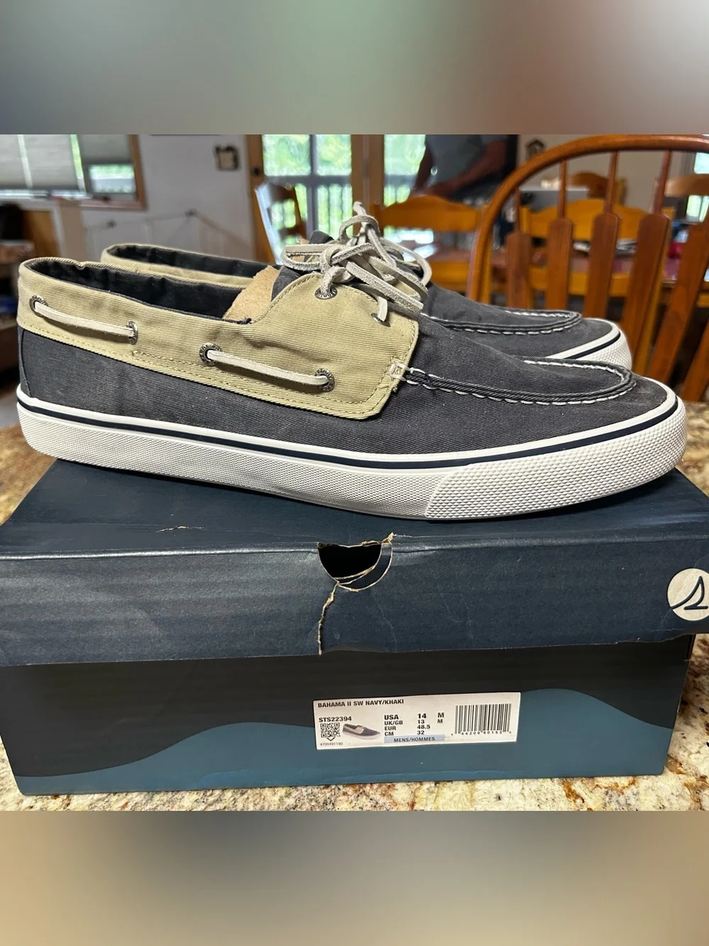 Sperry Bahama Men’s 14 Soft Canvas Boat Shoes in Navy & Khaki-Worn 1x Excellent